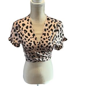 RUMOR CROPPED SATIN TIE AROUND LEOPARD PRINT TOP. Size: 8 Gently worn once.